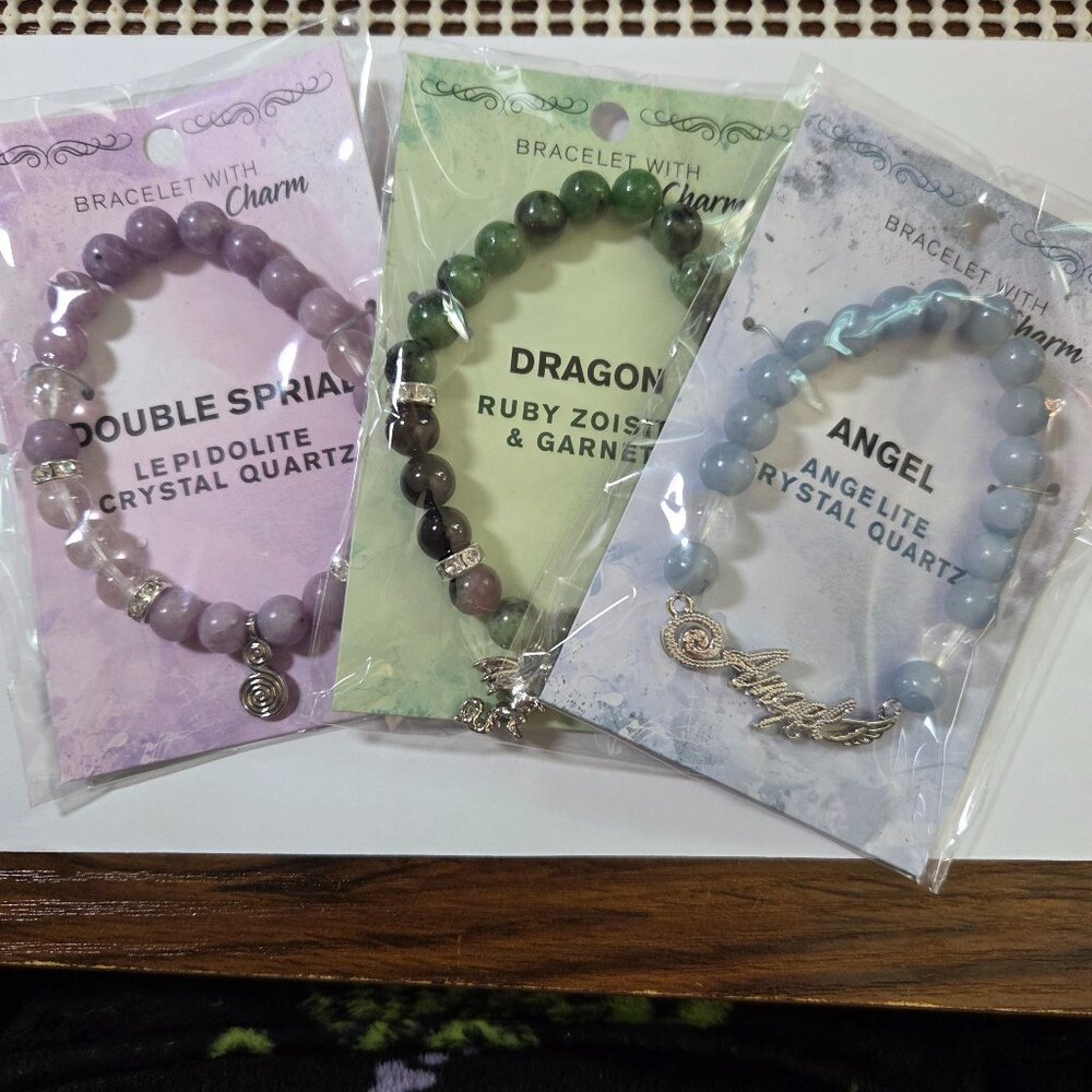 Bundle of Three 8mm Gemstone with Charm Bracelets NWT